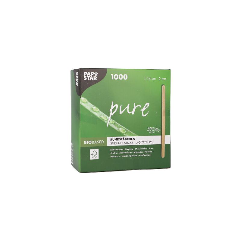 Grüne Schachtel mit PAPSTAR „pure“ biobasierten Rührstäbchen, FSC®-zertifiziert, 1000 Stück. Die Verpackung zeigt ein Rührstäbchen mit Blattmotiv und den Maßen: 14 cm x 5 mm. Der Text enthält „Holzfrei“ und Namen verschiedener Materialien.