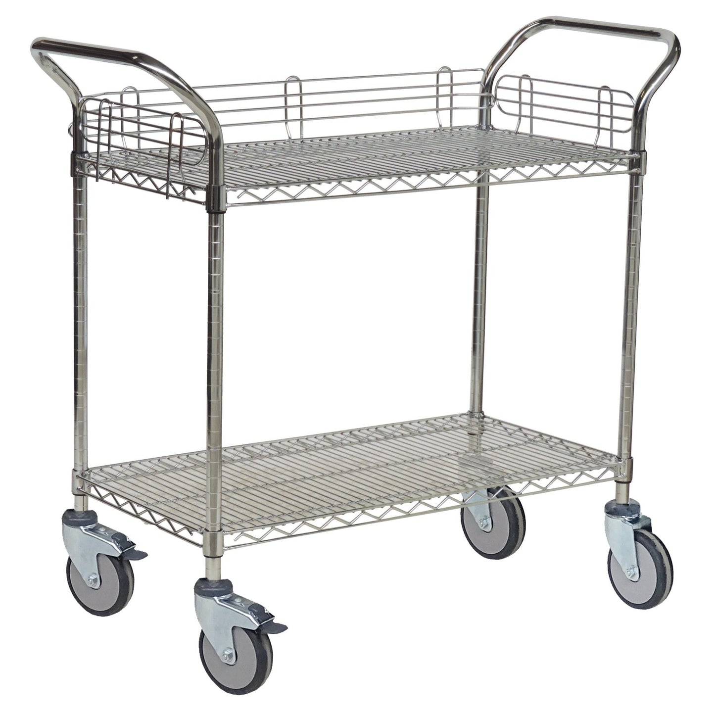 The Novocal multi-purpose cart "Silverline", made of nickel-plated, high-gloss chrome precision steel, has two wire shelves, four large wheels, and handles on both sides. The empty metal cart stands on a white background.