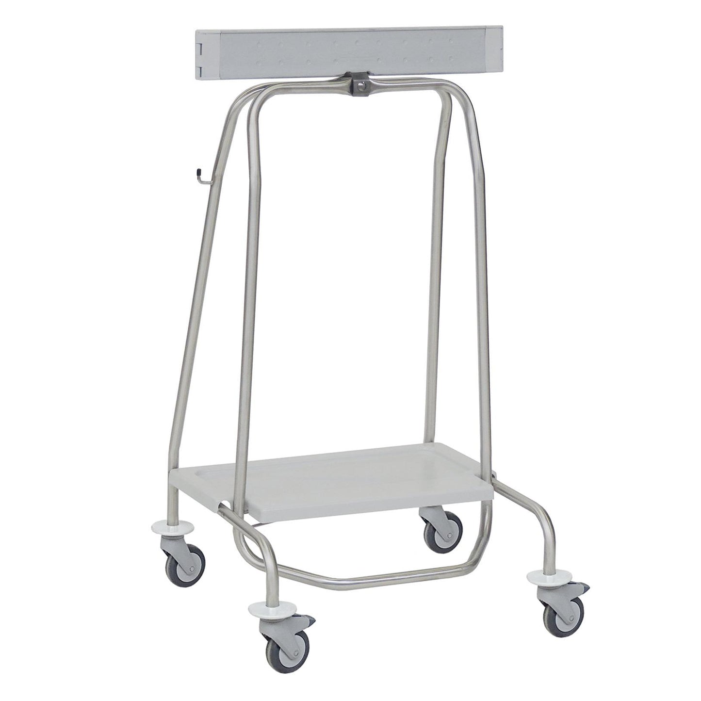 The Novocal "Genius" stainless steel waste bin features a metal tube frame, four swivel casters, a rectangular base plate, and an upper metal bar for a durable design and hygienic waste disposal. Brand: Novocal.