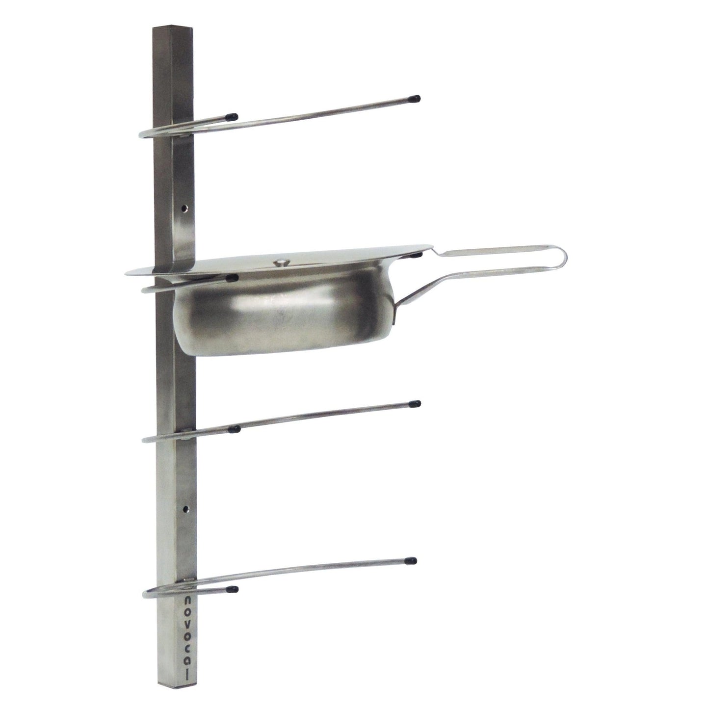 The Novocal stainless steel wall mount for 4 bedpans (225 x 240 x 650 mm) is ideal for storing bedpans in professional care facilities and features the "novocal" logo on the mount.