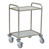 The Novocal multipurpose cart features a stainless steel frame, two sturdy shelves that are resistant to water, heat, and disinfectants, as well as four swivel casters and two handles—ideal for the efficient transport of items.