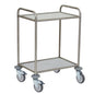 The Novocal multi-purpose trolley features a stainless steel frame, two solid core shelves that are resistant to water, heat, and disinfectants, as well as four swivel castors and two handles - ideal for the efficient transport of items.