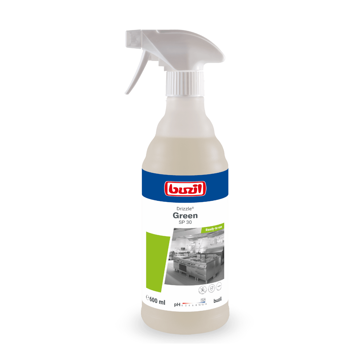 A 600 ml spray bottle of Drizzle® Green Oil and Grease Remover (colorless to light yellow) from BUZIL-WERK Wagner GmbH & Co. KG, with a gray spray nozzle and a label featuring a kitchen image, the product name, and usage instructions.