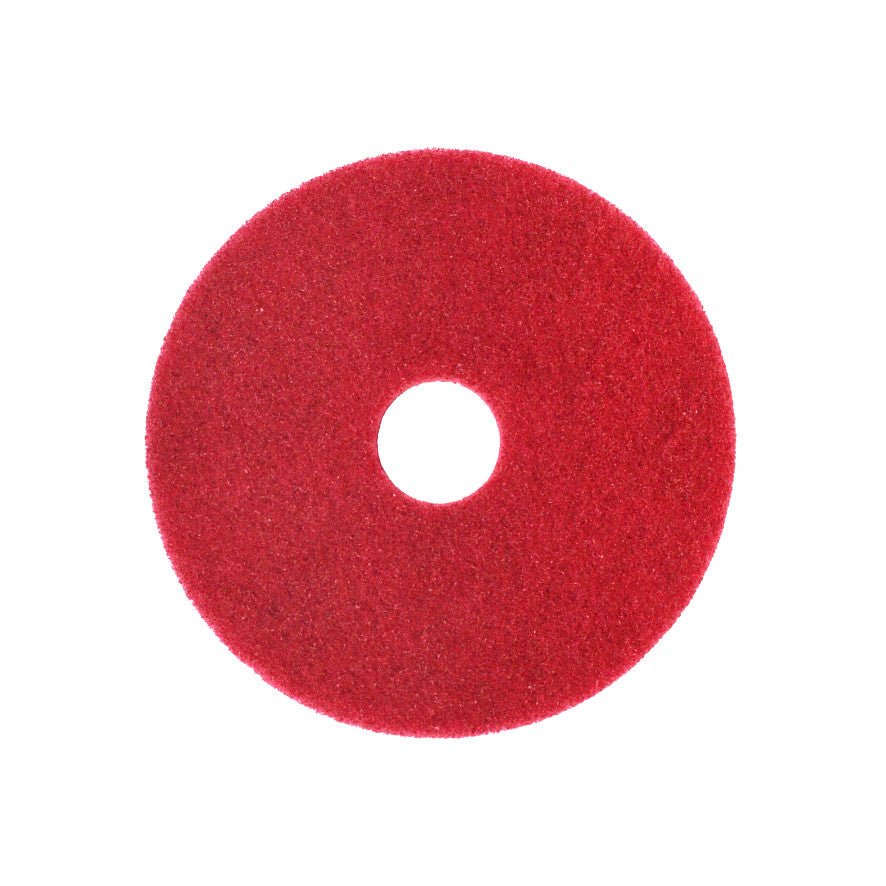 A red, circular Arcora SUPERPAD RED cleaning pad from Arcora International GmbH with a center hole for effective floor cleaning, depicted on a white background.