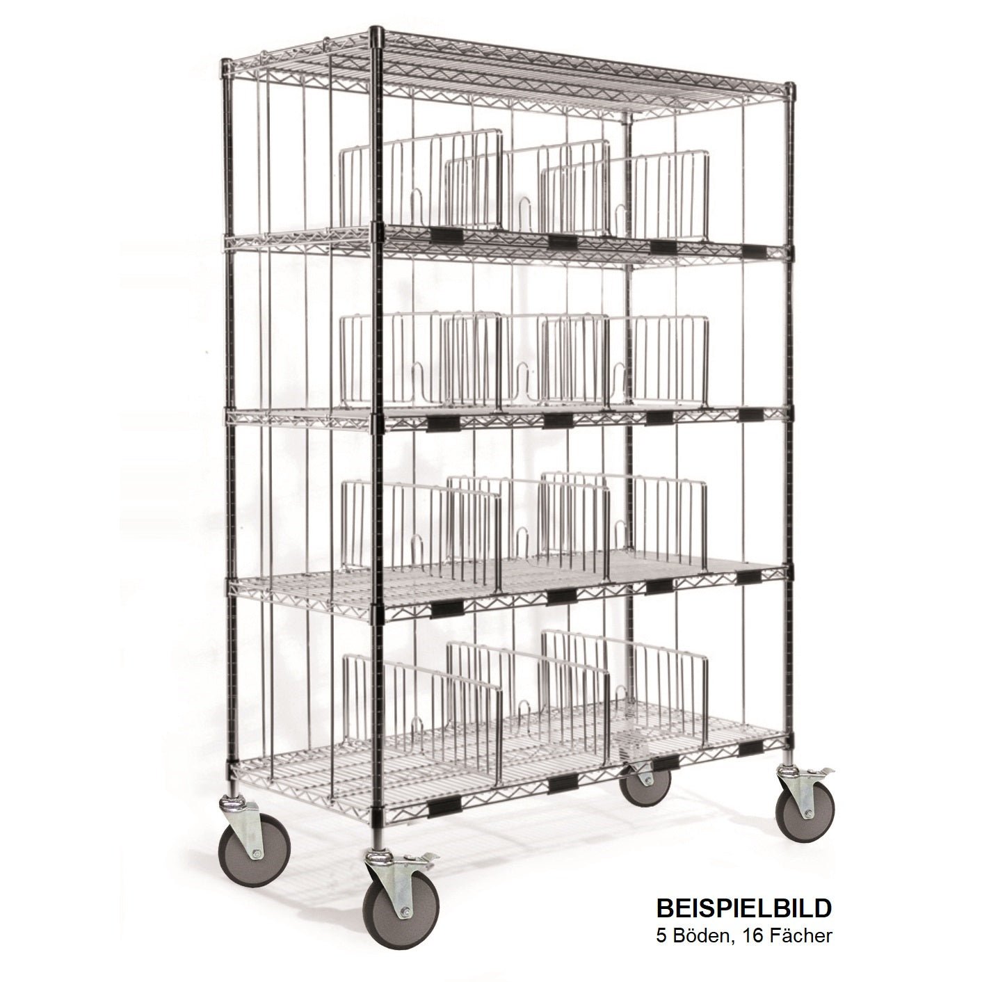 The Novocal sorting shelf trolley made of precision steel, nickel-plated and high-gloss chrome-plated, has 5 shelves with wire dividers, 4 large wheels and is ideal for organization. Text: "EXAMPLE IMAGE 5 shelves, 16 compartments.