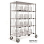 The Novocal sorting shelf trolley made of precision steel, nickel-plated and high-gloss chrome-plated, has 5 shelves with wire dividers, 4 large wheels and is ideal for organization. Text: "EXAMPLE IMAGE 5 shelves, 16 compartments.