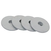 Vier graue Novocal Stoßscheiben für Mehrzweckwagen (1 Satz = 4 Stück) von Novocal liegen leicht überlappend auf einem weißen Hintergrund. Jede Scheibe hat ein zentrales Loch, ideal als Ersatzteil für Ihre Ausrüstung.