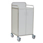 Der Novocal Stationswagen verfügt über einen Edelstahlrahmen mit vollverschweißten Rundrohrverbindungen, zwei Schranktüren, vier graue Rollen und Metallgeländer, ideal für die mobile Lagerung und den Transport in Krankenhäusern oder Pflegeeinrichtungen.
