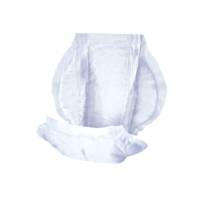 Against a white background, the San Seni Classic Prima incontinence pad by TZMO Deutschland GmbH is depicted. The diaper with elastic sides for bladder weakness is folded and has leakage protection barriers for additional protection. The package contains 30 pieces.