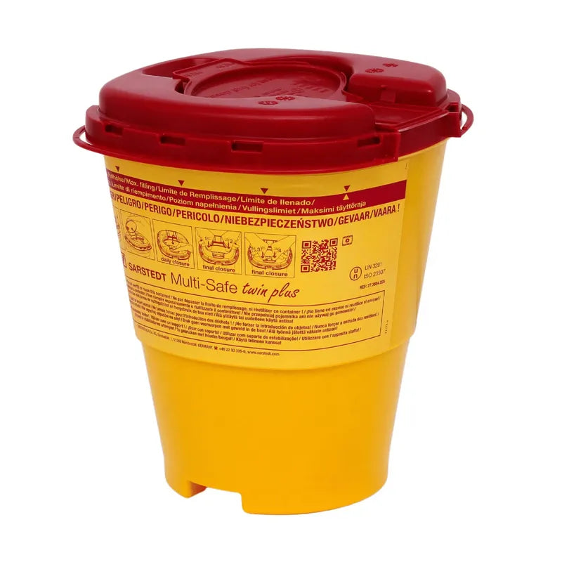 Yellow Multi-Safe twin plus disposal container for cannulas with a red lid, equipped with warning notices and multilingual instructions for use for Meditrade GmbH.