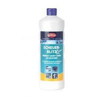 A white 1-liter plastic bottle of Becker Eilfix Scheuerblitz from the Stern Waschmittel GmbH With a blue-and-yellow label, a purple cap, and product information in German for gentle, scratch-free cleaning of the bathroom and kitchen.