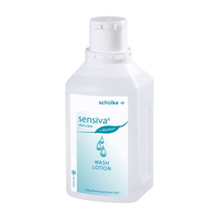 A white bottle of Sensiva® cleansing lotion by Schülke & Mayr GmbH with a blue-green label featuring a water droplet design. The product is free of dyes and fragrances.
