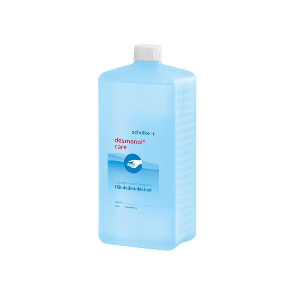A blue bottle of Schülke desmanol® care hand disinfectant with a skin care formula label, indicating the product as suitable for hygienic and surgical hand disinfection, from Schülke & Mayr GmbH.