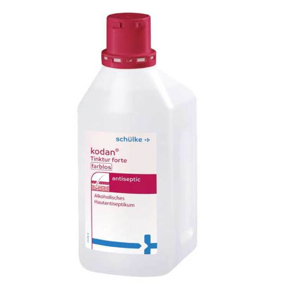 A bottle of Schülke kodan® tincture forte skin antiseptic, colorless solution from Schülke & Mayr GmbH. The bottle is white with a red cap and label details in blue, pink, and black text.