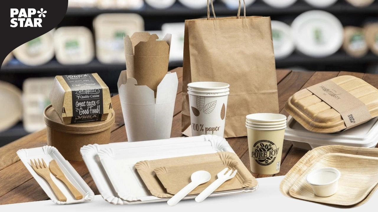 Verschiedene nachhaltige Einwegverpackungen aus Papier und Karton der Marke PAPSTAR auf einem Holztisch arrangiert: Papiertüten, Take-away-Boxen, Becher mit „100% paper“-Aufdruck, Pappteller, Menüschalen sowie Holz- und Einwegbesteck; im Hintergrund unscharfe Regale, links oben das PAPSTAR-Logo.