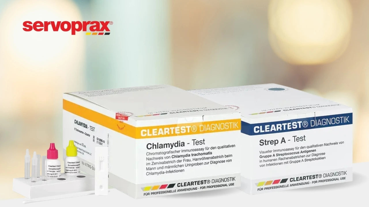 Servoprax Banner mit CLEARTEST Diagnostik-Produkten, darunter Chlamydia-Test und Strep A-Test für die professionelle Anwendung.