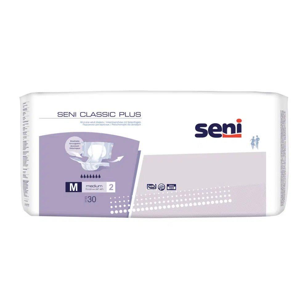A pack of Seni Classic Plus incontinence pants (size S-XL) from TZMO Deutschland GmbH contains 30 pieces. The white-light purple packaging shows product details and the Seni logo on the front.