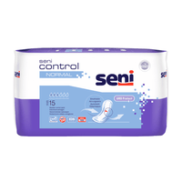 A pack of 15 Seni Control Normal incontinence pads from TZMO Deutschland GmbH in a purple-and-white design, with product details. These pads offer breathable, discreet, and comfortable protection for incontinence.