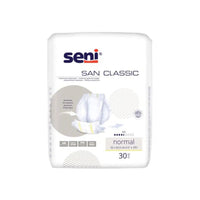 Eine Packung San Seni Classic Normal Inkontinenzvorlage der TZMO Deutschland GmbH enthält 30 Einlagen, hat eine weiße Verpackung mit blau-grauer Schrift, ist ideal bei Blasenschwäche und zeigt eine Abbildung des Einlagendesigns.