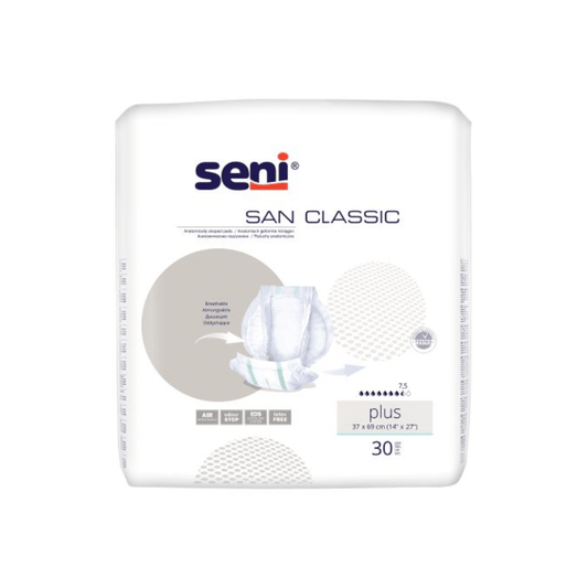 Eine Packung San Seni Classic Plus Windeln für Erwachsene in weißer Verpackung mit Produktmerkmalen wie Atmungsaktivität und Größenangaben. Die Windelgrafik zeigt eine Querschnittsansicht, die die Saugstärke hervorhebt. Markenname: TZMO Deutschland GmbH