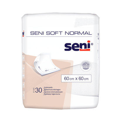 A pack of 30 Seni Soft Normal mattress protectors (60 x 60 cm) from TZMO Deutschland GmbH come in white packaging featuring blue and orange text and an illustration of the mattress protector, and provide reliable protection.