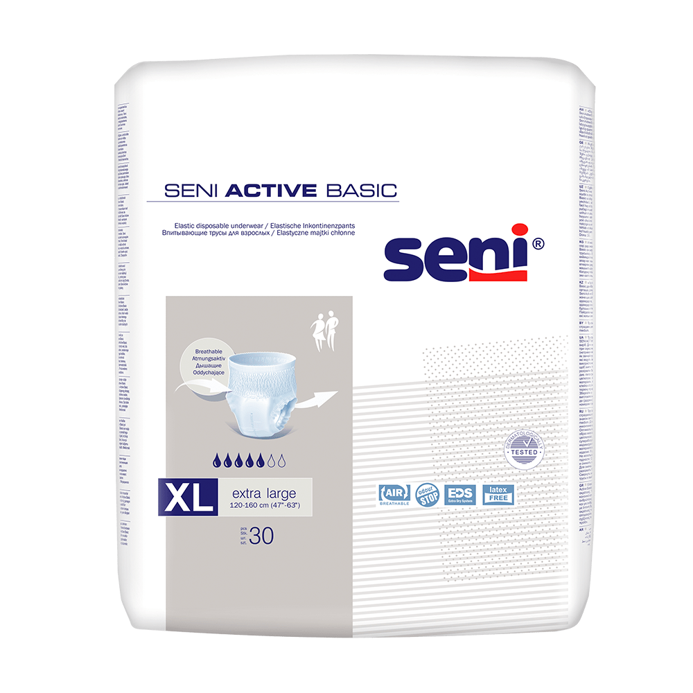Eine Packung Seni Active Basic Inkontinenzpants der TZMO Deutschland GmbH in der Größe XL mit 30 Stück, mit Produkteigenschaften und Markeninformationen auf der Verpackung.