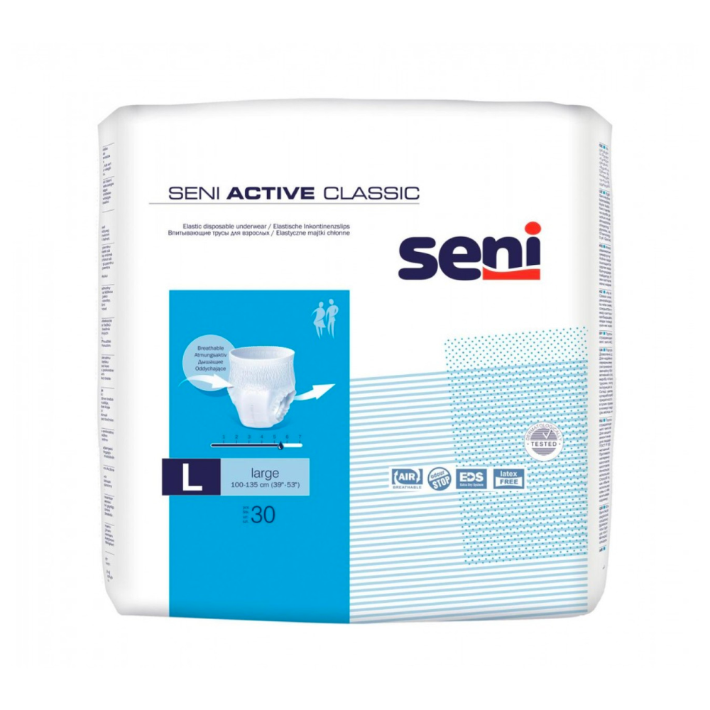 Eine weiß-blaue Packung Seni Active Classic Inkontinenzpants der TZMO Deutschland GmbH.