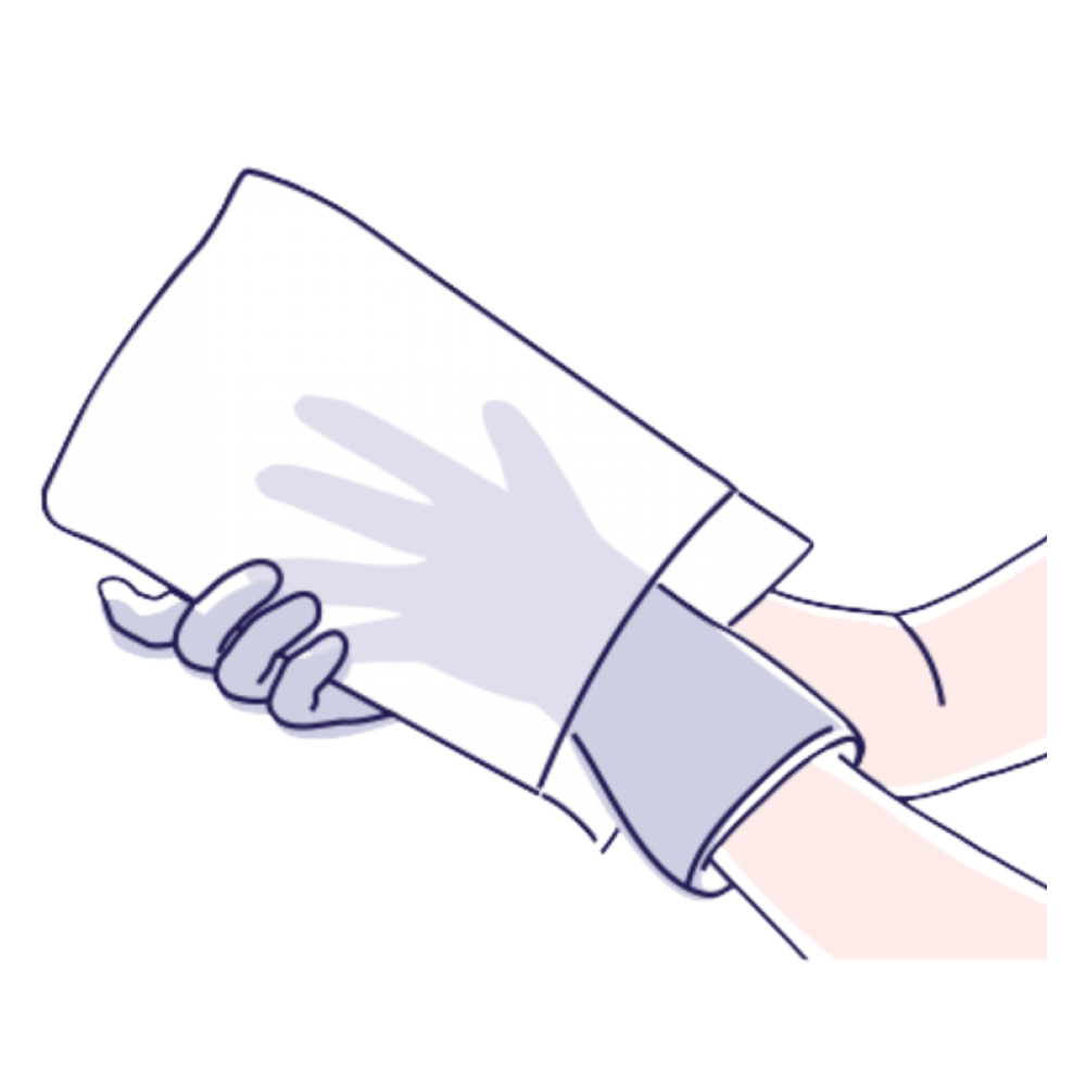An illustration shows a hand wearing a Seni Care wash glove from TZMO Deutschland GmbH and grabbing a piece of paper. The glove features a shadow effect and has a minimalist design with purple outlines on a white background.