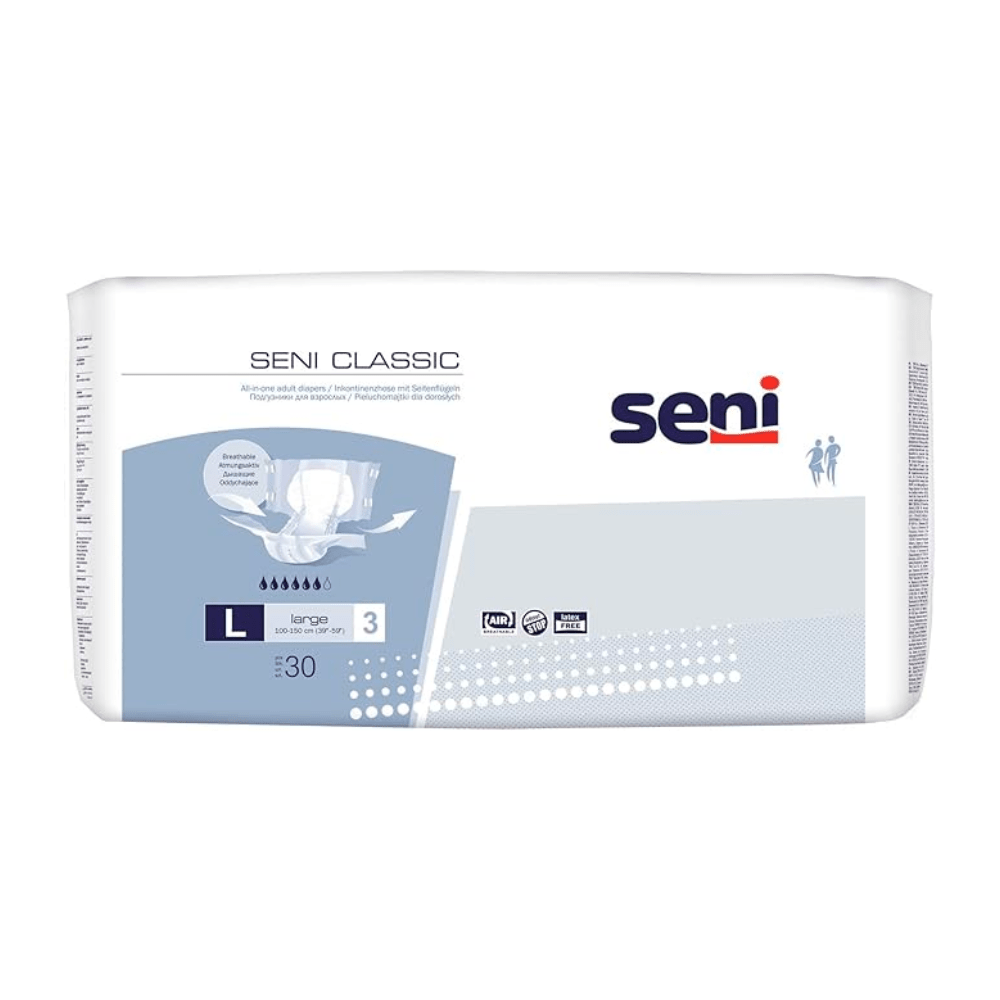 Eine Packung mit 30 Seni Classic Inkontinenzhosen, Größe S-L von TZMO Deutschland GmbH, wird in einer weiß-blauen Verpackung mit einem Superabsorber-Kern für zuverlässigen Schutz vor Blasenschwäche und einer klaren Markenkennzeichnung geliefert.