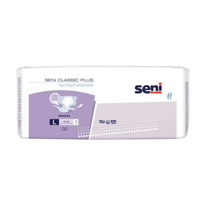 The Seni Classic Plus incontinence pants from TZMO Deutschland GmbH, size S-XL, are delivered in a purple-white package with brand logo and symbols, contains 30 pieces, and is marked with absorbency level 3.