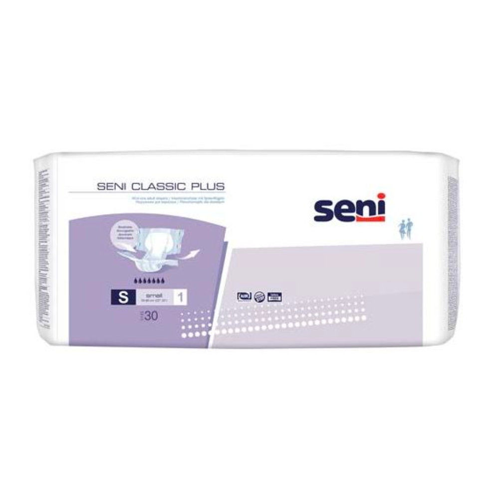 A pack of Seni Classic Plus incontinence pants (size S-XL) from TZMO Deutschland GmbH in a white-purple packaging with brand imprint, size information, and symbols – ideal for the discreet treatment of bladder weakness.