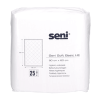 Eine Packung mit 25 Seni Soft Basic HE Bettschutzunterlagen der TZMO Deutschland GmbH, Größe 90 x 60 cm; auf der Verpackung sind das Seni-Logo, die Unterlagengröße, das Produktbild und die Menge abgebildet.