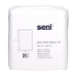 A pack of 25 Seni Soft Basic HE bed protection pads from TZMO Deutschland GmbH, size 90 x 60 cm; the packaging features the Seni logo, the pad size, the product image, and the quantity.