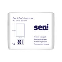 Eine Packung Seni Soft Normal Bettschutzunterlagen der TZMO Deutschland GmbH (40 x 60 cm). Die weiße Packung mit blauem Text und Grafiken enthält 30 Stück und bietet zuverlässigen Schutz und Informationen in mehreren Sprachen.