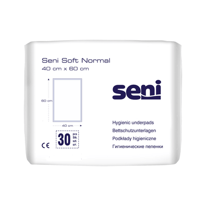One package Seni Soft Normal bed pads from TZMO Deutschland GmbH (40 x 60 cm). The white package with blue text and graphics contains 30 pads and offers reliable protection and information in multiple languages.