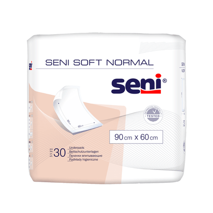 One package Seni Soft Normal Bed Protector (TZMO Deutschland GmbH), 90 x 60 cm, contains 30 pads. The packaging features a simple underpad graphic and highlights its reliable protection. Various sizes available.