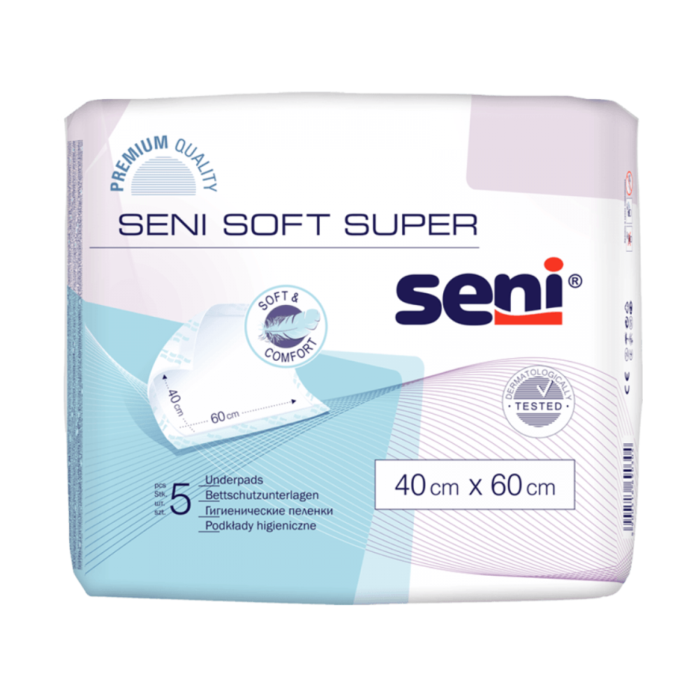 A pack of Seni Soft Super bed protection pads from TZMO Deutschland GmbH, size 40 cm x 60 cm, contains 5 pads in white-blue packaging with product information, quality symbols, and emphasizes reliable protection in everyday life.