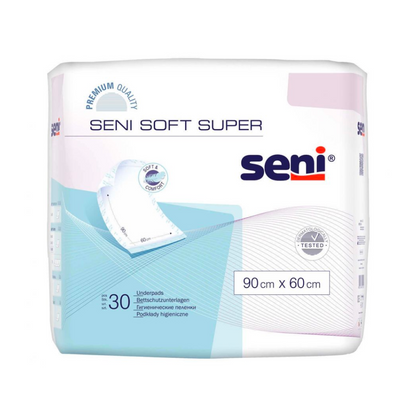 A 30-piece pack of Seni Soft Super bed protection pads, various sizes from TZMO Deutschland GmbH, size 90 x 60 cm. The predominantly white packaging with blue and pink accents is equipped with product images, quality seals, and 'optimal protection'.