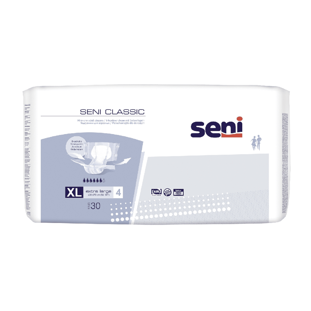 Eine Packung Seni Classic Inkontinenzhosen der TZMO Deutschland GmbH in den Größen S-L, überwiegend weiß mit blauen und grauen Akzenten, verfügt über Saugfähigkeitssymbole, Markenlogo, Superabsorber-Kern und enthält 30 Stück für Blasenschwäche (Stufe 4).