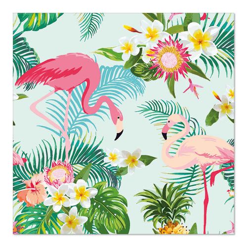 Eine lebendige Illustration von zwei rosa Flamingos inmitten tropischer Vegetation – mit üppigen grünen Blättern, weißen und gelben Blüten und einer Ananas – auf einem hellblauen Hintergrund, ideal für die umweltfreundlichen, FSC-zertifizierten PAPSTAR-Servietten 3-lagig der PAPSTAR GmbH.