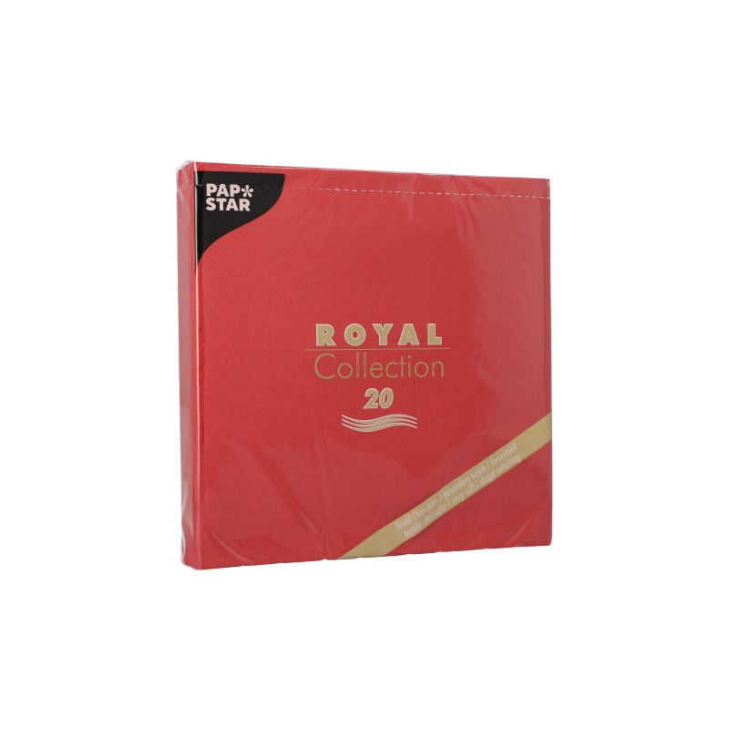 Eine rote Packung Servietten 1/4-Falz 40 cm x 40 cm der PAPSTAR GmbH "ROYAL Collection". Die Verpackung weist einen gold-weißen Text sowie ein kleines schwarzes Ecketikett auf. Diese Servietten sind ideal für jede Tischdekoration und verleihen Ihrem Ambiente Eleganz.