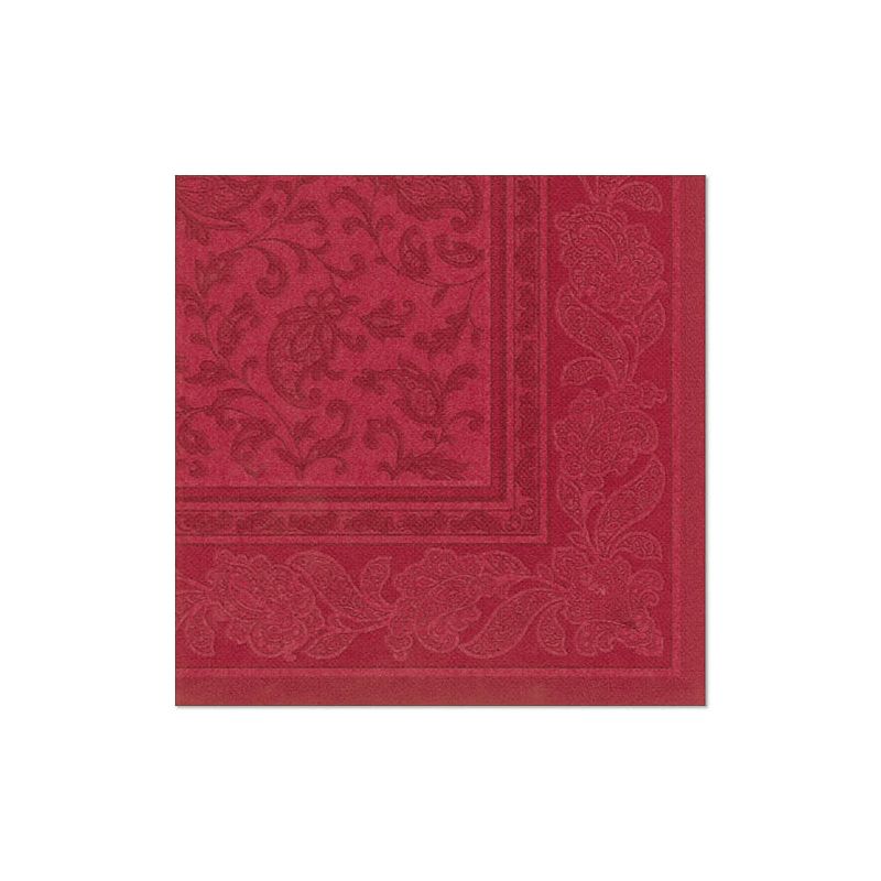 Die PAPSTAR GmbH "ROYAL Collection" 20 Servietten (1/4-Falz, 40x40 cm) sind quadratische, rote Servietten mit einer verzierten Blumen- und Paisley-Bordüre - ideal für eine elegante Tischdekoration, hier auf weißem Hintergrund.