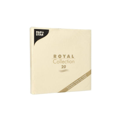PAPSTAR Serviettenpaket "ROYAL Collection" von der PAPSTAR GmbH, bestehend aus 20 Servietten in exquisitem Design. Die cremefarbene Verpackung mit goldenem und schwarzem Text verleiht jedem gedeckten Tisch eine elegante Note.