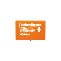 The Söhngen Orange Car First Aid Kit, supplied by W. Söhngen GmbH, features white "First Aid Kit" lettering, a cross symbol, and vehicle symbols on the lid—perfect for first aid in accordance with DIN 13164. Package (1 piece).