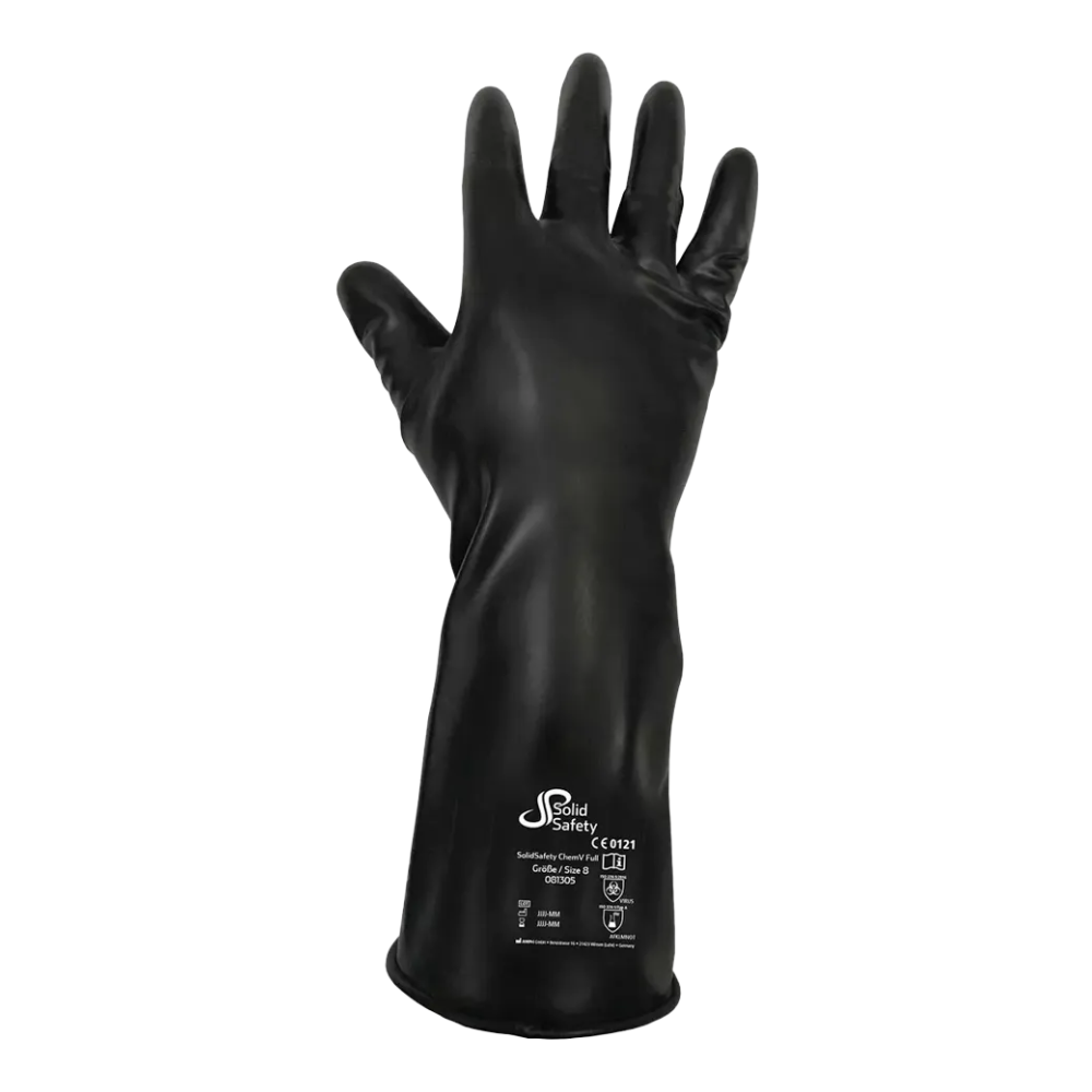 A single black rubber glove is presented upright, highlighting the brand AMPri Handelsgesellschaft mbH and the safety standards at the wrist. This AMPri SolidSafety ChemV Full Stable Brom-Butyl Chemical Protection Glove with Viton outer layer offers chemical resistance up to the forearm for robust protection and complies with PPE category III standards.