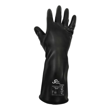 A single black rubber glove is presented upright, highlighting the brand AMPri Handelsgesellschaft mbH and the safety standards at the wrist. This AMPri SolidSafety ChemV Full Stable Brom-Butyl Chemical Protection Glove with Viton outer layer offers chemical resistance up to the forearm for robust protection and complies with PPE category III standards.