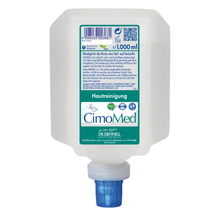 Eine weiße 1000ml Flasche Dr. Schnell CIMOMED Handwaschgel, duft- und farbstofffrei für Hautreinigung von DR.SCHNELL GmbH & Co. KGaA, mit blauem Spenderverschluss und deutschem Etikett mit Inhaltsstoffen und Anwendungshinweisen für empfindliche Haut.