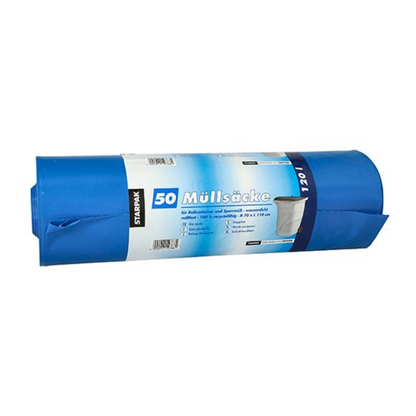 Die Starpak 50 Müllsäcke, LDPE 120 l 110 cm x 70 cm, kommen in einer robusten blau-weißen Verpackung. Diese Müllsäcke von Starpak sind aus LDPE gefertigt und fassen bis zu 120 Liter für eine zuverlässige Abfallentsorgung.