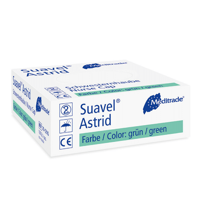A box of Meditrade Suavel® Astrid nurse cap surgical gloves from Meditrade GmbH. The packaging is predominantly white and blue, with the text indicating the glove color as green. Symbols indicate that the gloves are intended for single use.
