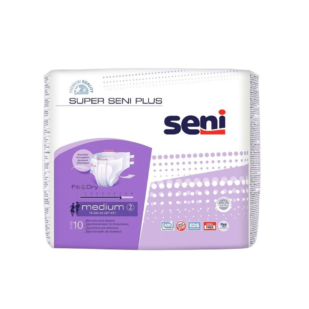 Eine Packung Super Seni Plus Inkontinenzhosen-Windeln für Erwachsene in lila und weiß mit Gesundheits- und Sicherheitssymbolen und Auslaufschutz, mit Platz für 30 Stück pro Packung von TZMO Deutschland GmbH.